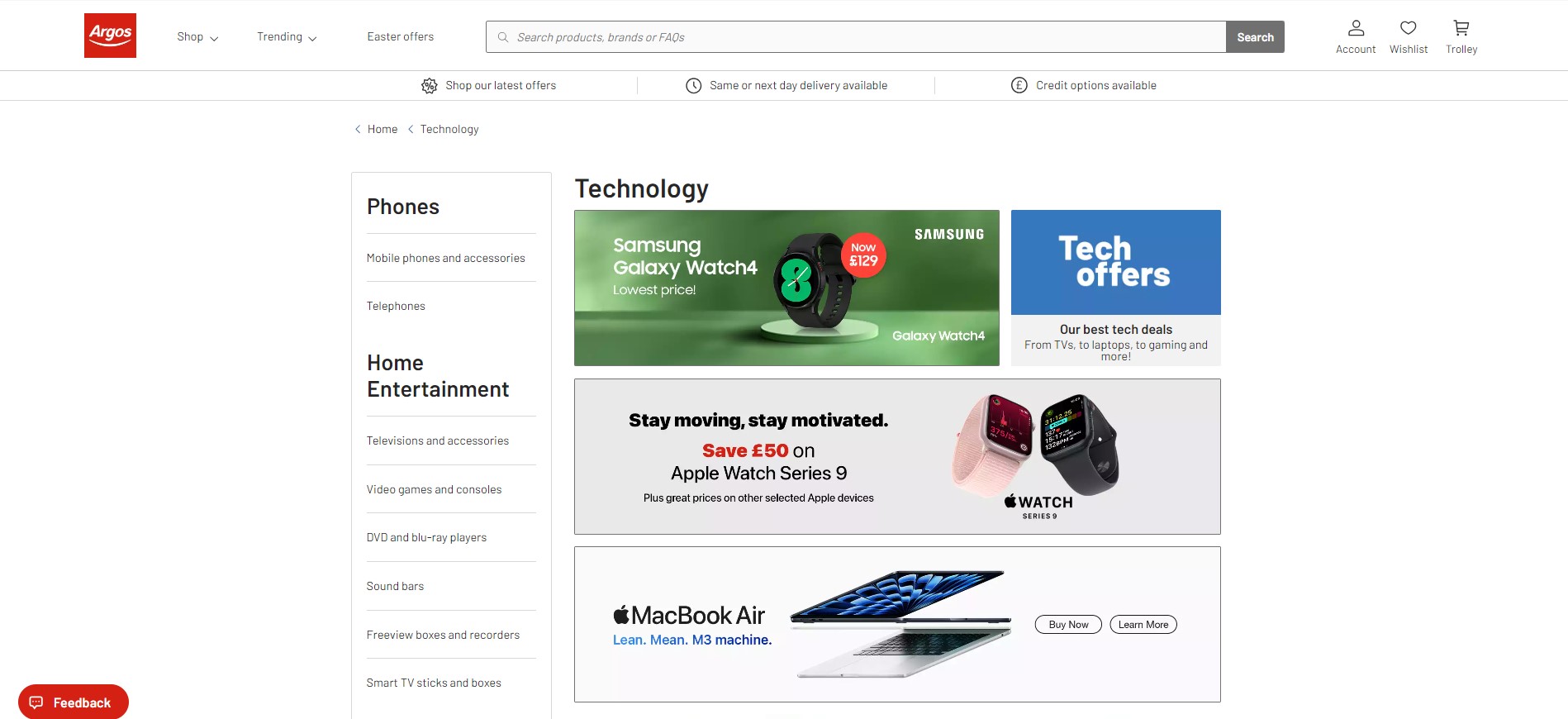 Screenshot of Argos homepage
