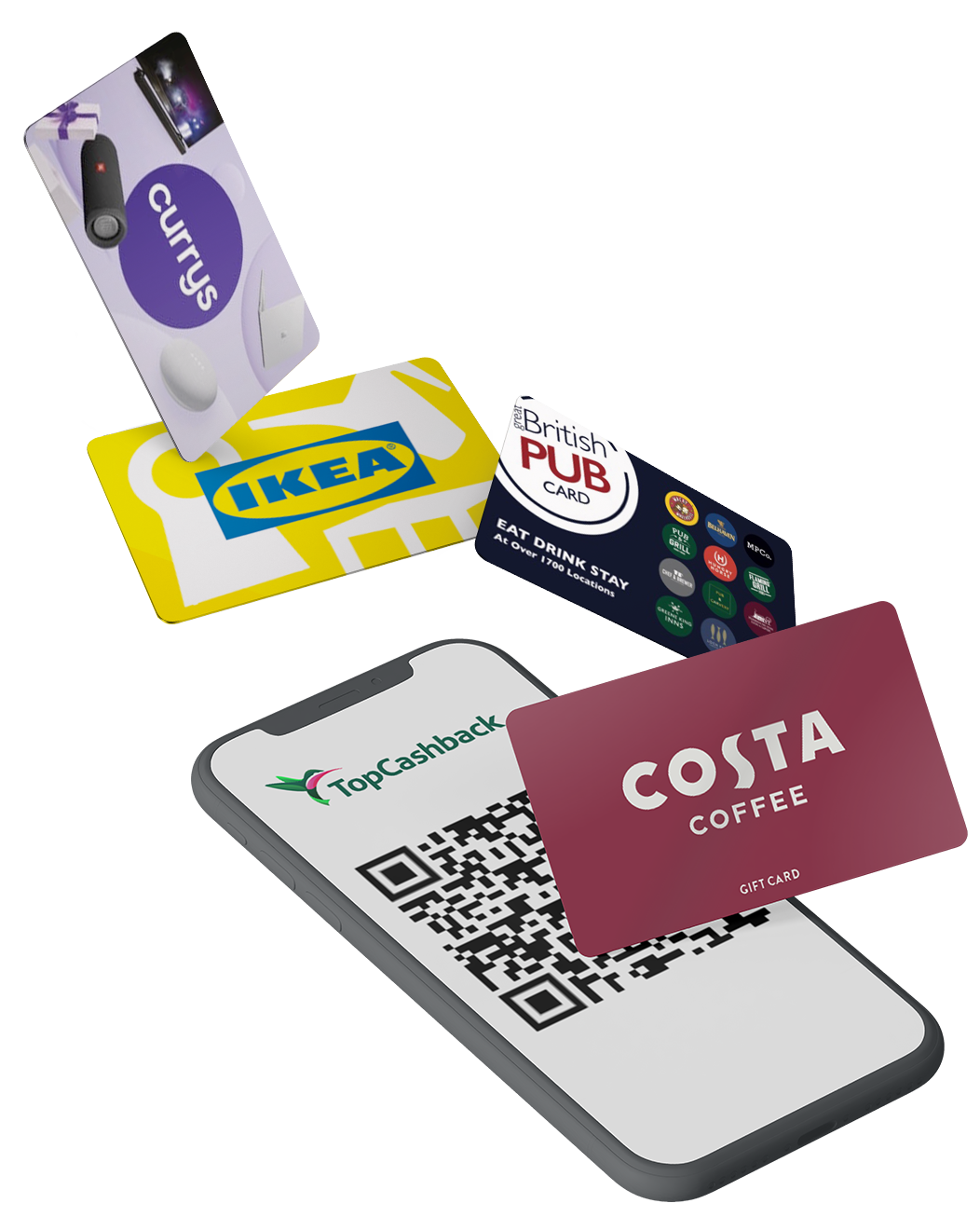 A phone with an example QR code on it, with a TkMaxx, IKEA, British Pubs Card and Costa Coffee gift card floating above it.