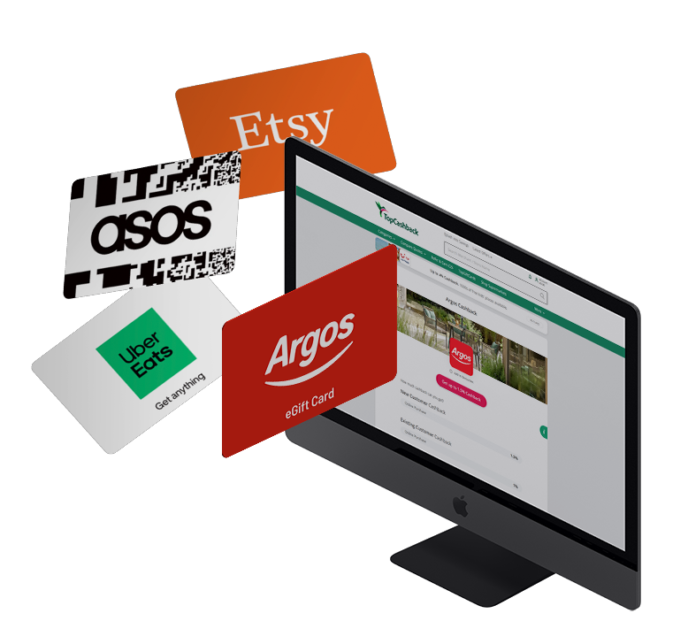 A computer monitor showing an example website. There is an Etsy, ASOS, Uber Eats and HelloFresh gift card floating in front of it.