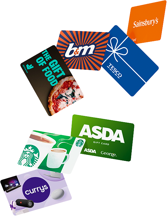 Several gift cards, including: Iceland, Tesco, Deliveroo, Asda, Starbucks and more